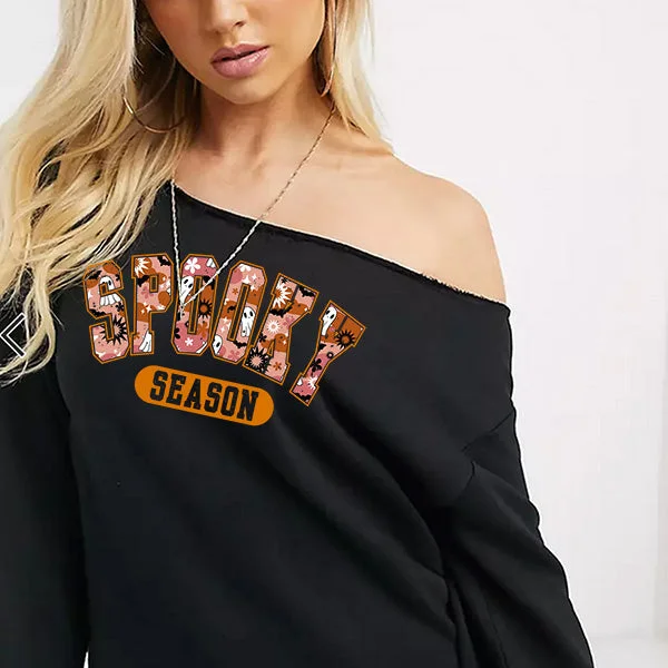 Spooky Season Off The Shoulder Halloween Sweatshirt - With Raw Edge Neckline - Sizes S - 5XL Hoodie with Sequins Glamorous Eye-catching