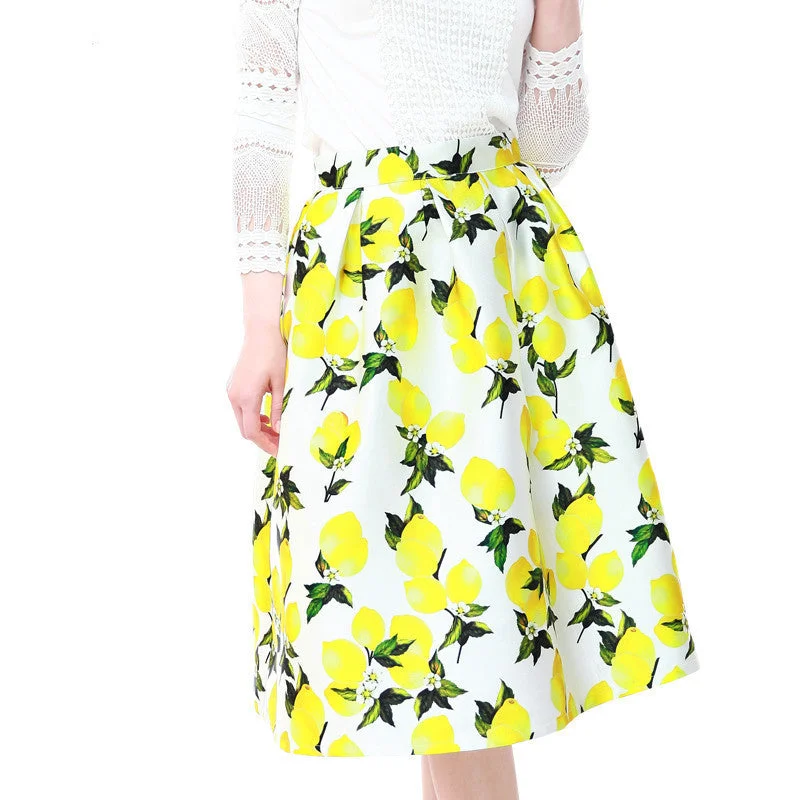 High Women Skirt Fashion Yellow Lemon Print Ball Gown Pleated High Waist Midi Skirt Women Saia S-XL button skirt front