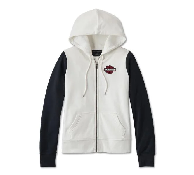 Women's Bar & Shield Zip Front Hoodie - Colorblocked - Cloud Dancer Hoodie with Sequins Glamorous Eye-catching