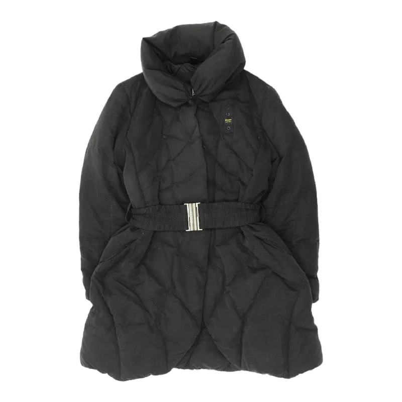 Blauer Womens Long Black Belted Popper Coat | Vintage Designer Padded Jacket VTG Cotton Fabric Linen Fabric Terry Fabric Blauer Womens Long Black Belted Popper Coat | Vintage Designer Padded Jacket VTG Cotton Fabric Linen Fabric Terry Fabric