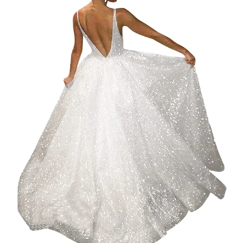 V-neck halter pure white wedding evening dress Tunics Plaid country