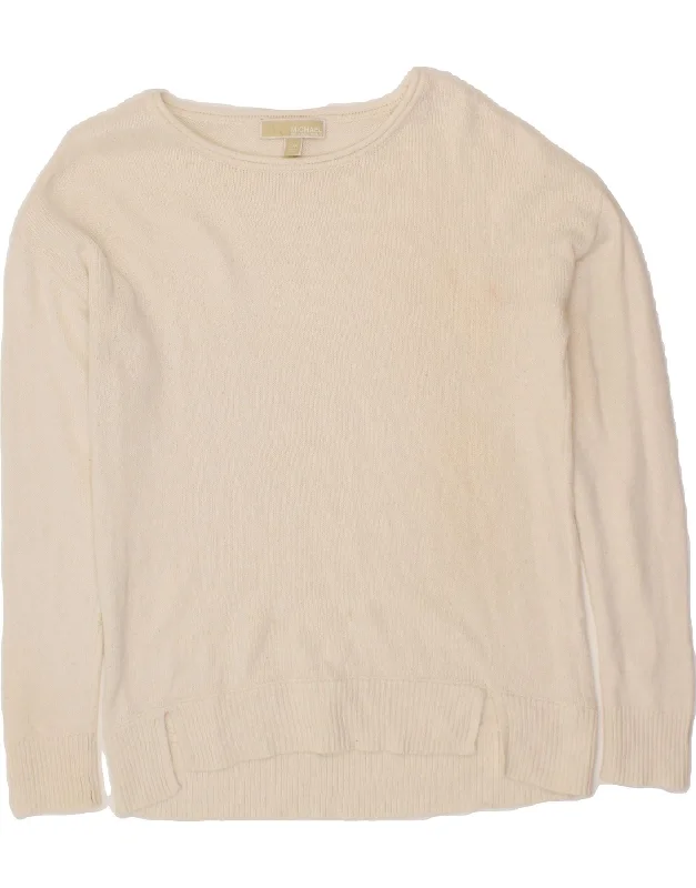 MICHAEL KORS Womens Boat Neck Jumper Sweater UK 10 Small White Denim Fabric Leather Fabric Suede Fabric MICHAEL KORS Womens Boat Neck Jumper Sweater UK 10 Small White Denim Fabric Leather Fabric Suede Fabric