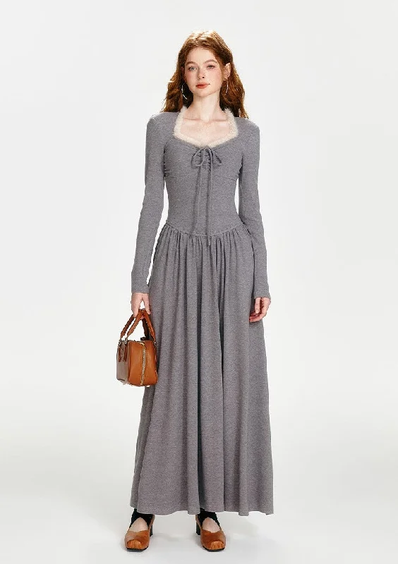 French Style Mink Fur Patchwork Waist Long Dress BOH0091 Tunics Silk luxurious