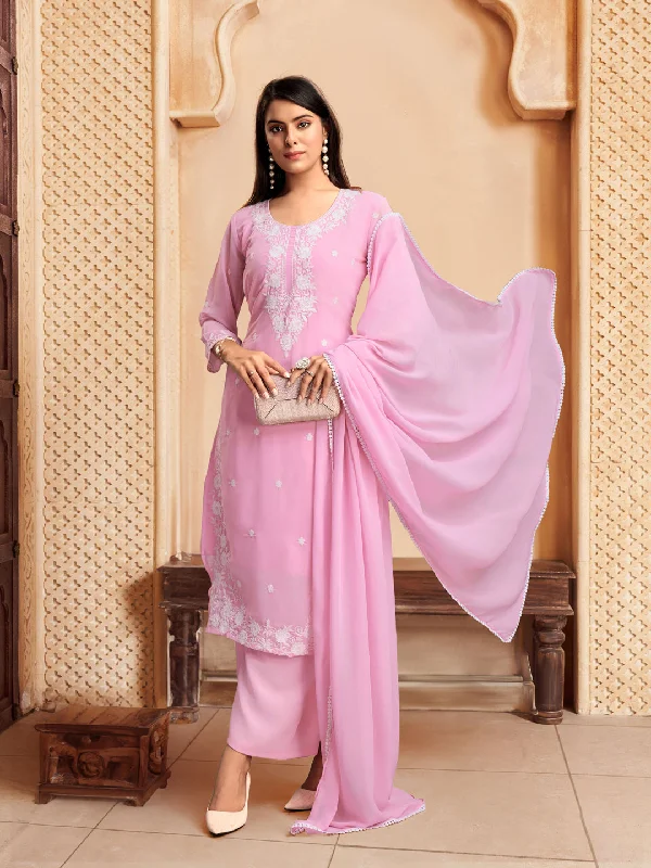 Pink Designer Readymade Pant Suit With Lacknowi Chikankari Embroidery Work Wide-Legged Palazzos