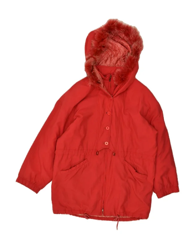 VINTAGE Womens Graphic Hooded Padded Jacket IT 48 XL Red Animal Print Welt Pockets Slit Pockets Flap Pockets VINTAGE Womens Graphic Hooded Padded Jacket IT 48 XL Red Animal Print Welt Pockets Slit Pockets Flap Pockets