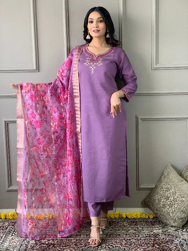 Purple Attractive Readymade Pant Suit printed Designer Embroidery Work Classic Stretch Pants