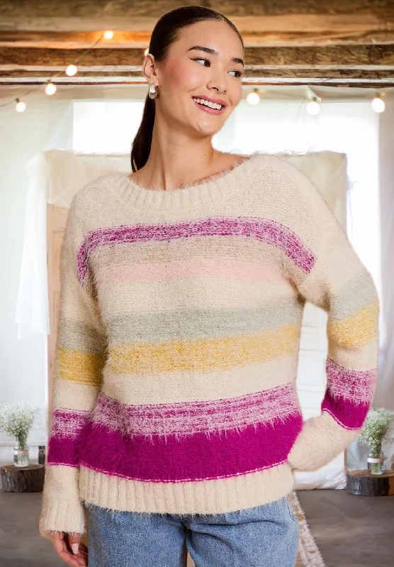 Tell Me Everything Mult Stripe Sweater in Cream/Fuchsia Open Front Closed Front Wrap Front