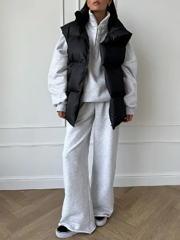 Lapel Solid Color Puffer Vest Jacket Front Pockets Side Pockets Patch Pockets
