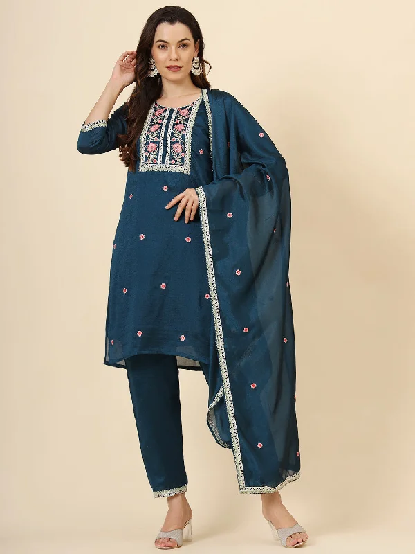 Teal Blue Designer Readymade Pant Suit With Designer Embroidery Work Elegant Palazzo Trousers