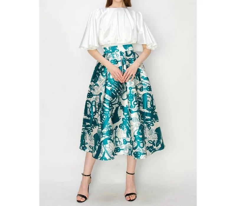 Grace Skirt In Teal & White velvet skirt glossy