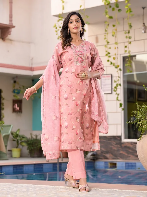 Pink Designer Readymade Pant Suit With Printed Embroidery Work Lightweight Linen Pants