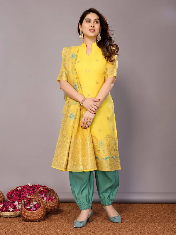 Yellow Designer Readymade Pant Suit With Wevon Design Chic Black Leggings