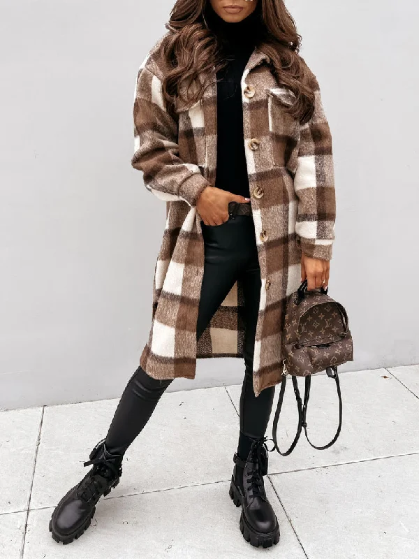 Plaid Contrast Long Shirt Jacket Nylon Jacket Polyester Jacket Spandex Jacket