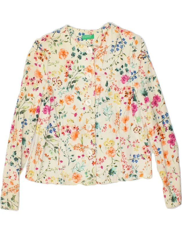 BENETTON Womens 5 Button Blazer Jacket UK 10 Small Beige Floral Cotton Hooded Jacket Caped Jacket Shawl Collar Jacket BENETTON Womens 5 Button Blazer Jacket UK 10 Small Beige Floral Cotton Hooded Jacket Caped Jacket Shawl Collar Jacket