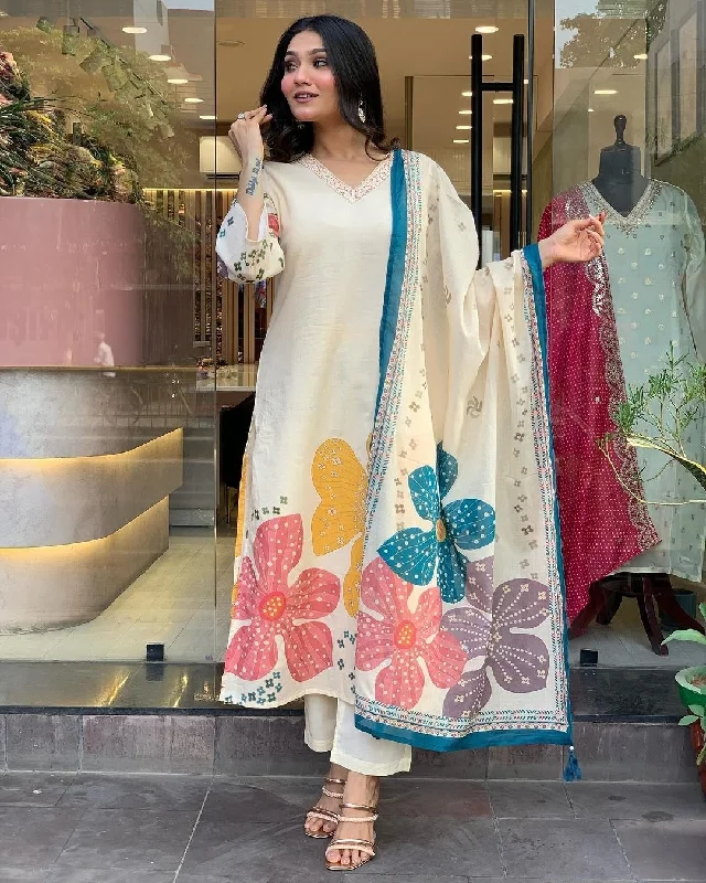 White Attractive Looking Readymade Pant Suit With Designer Printed Embroidery Work Wide-Legged Palazzos