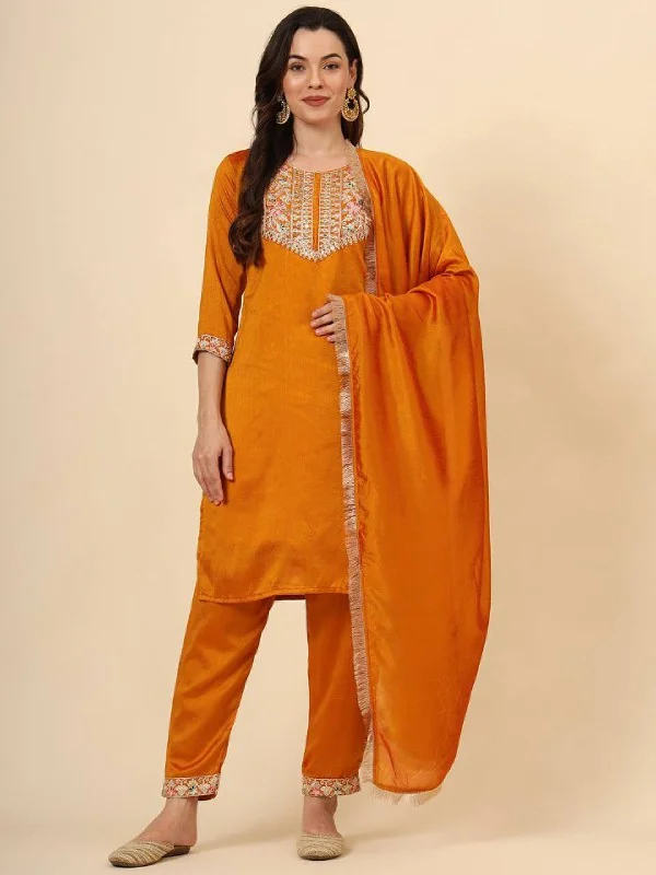 Orange Designer Readymade Pant Suit With Embroidery Work Fashionable Work Pants