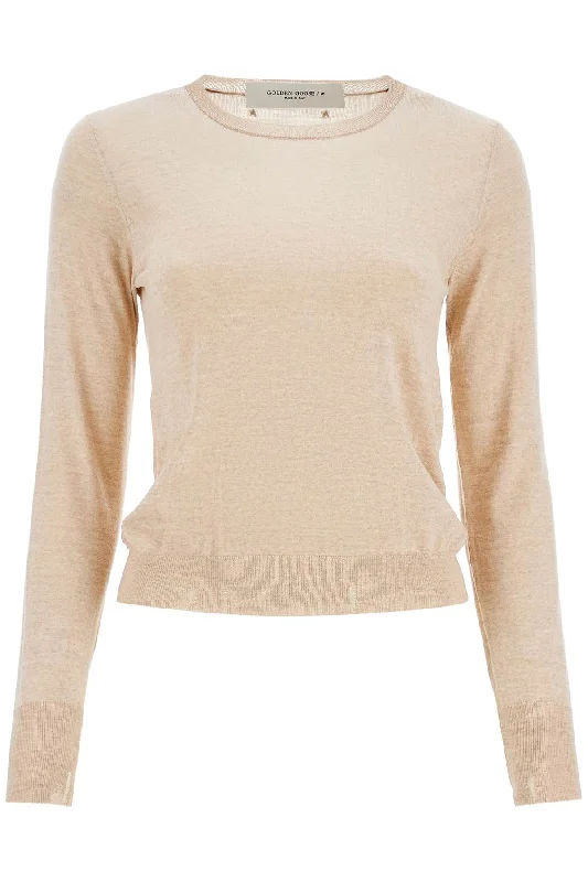 Light Beige Merino Wool Women's Crew Neck Sweater - Beige Cotton Fabric Linen Fabric Terry Fabric Light Beige Merino Wool Women's Crew Neck Sweater - Beige Cotton Fabric Linen Fabric Terry Fabric
