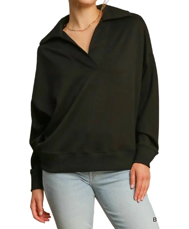 Neoknit V-Neck Sweatshirt In Black Hoodie with Ribbed Neckline Snug Warm
