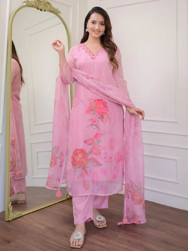 Pink Designer Readymade Pant Suit With Printed Embroidery Work Relaxed High-Waist Trousers
