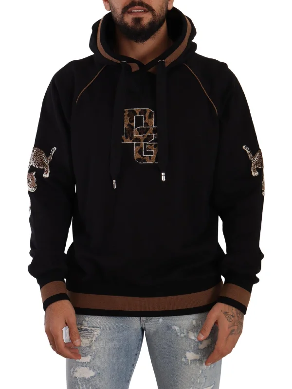 Chic Leopard Motive Hooded Sweater Mesh Sweater Canvas Denim