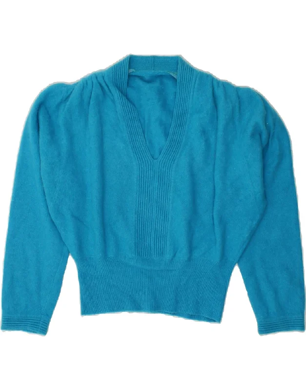 VINTAGE Womens Batwing Crop V-Neck Jumper Sweater UK 14 Medium Blue Ribbed Striped Patterned VINTAGE Womens Batwing Crop V-Neck Jumper Sweater UK 14 Medium Blue Ribbed Striped Patterned