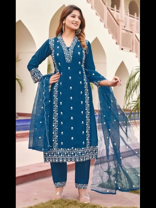 Teal Designer Function Wear Readymade Pant Suit With Embroidery Work Classic Stretch Pants Teal Designer Function Wear Readymade Pant Suit With Embroidery Work Classic Stretch Pants