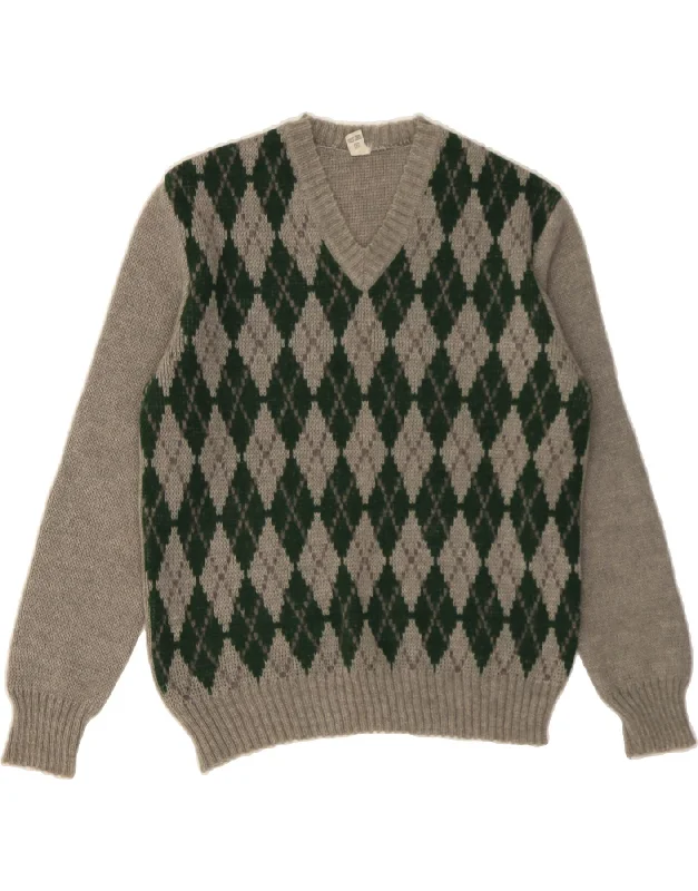VINTAGE Womens V-Neck Jumper Sweater IT 54 3XL Grey Argyle/Diamond Zippered Buttoned Snapped VINTAGE Womens V-Neck Jumper Sweater IT 54 3XL Grey Argyle/Diamond Zippered Buttoned Snapped