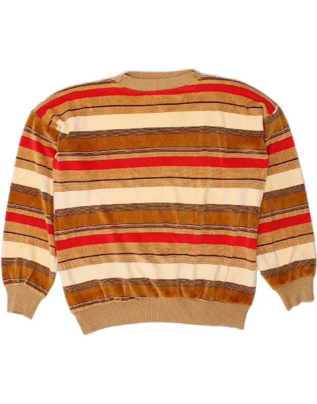 VINTAGE Womens Boat Neck Jumper Sweater UK 16 Large Brown Striped Graphic Sweater Embroidered Appliqued VINTAGE Womens Boat Neck Jumper Sweater UK 16 Large Brown Striped Graphic Sweater Embroidered Appliqued