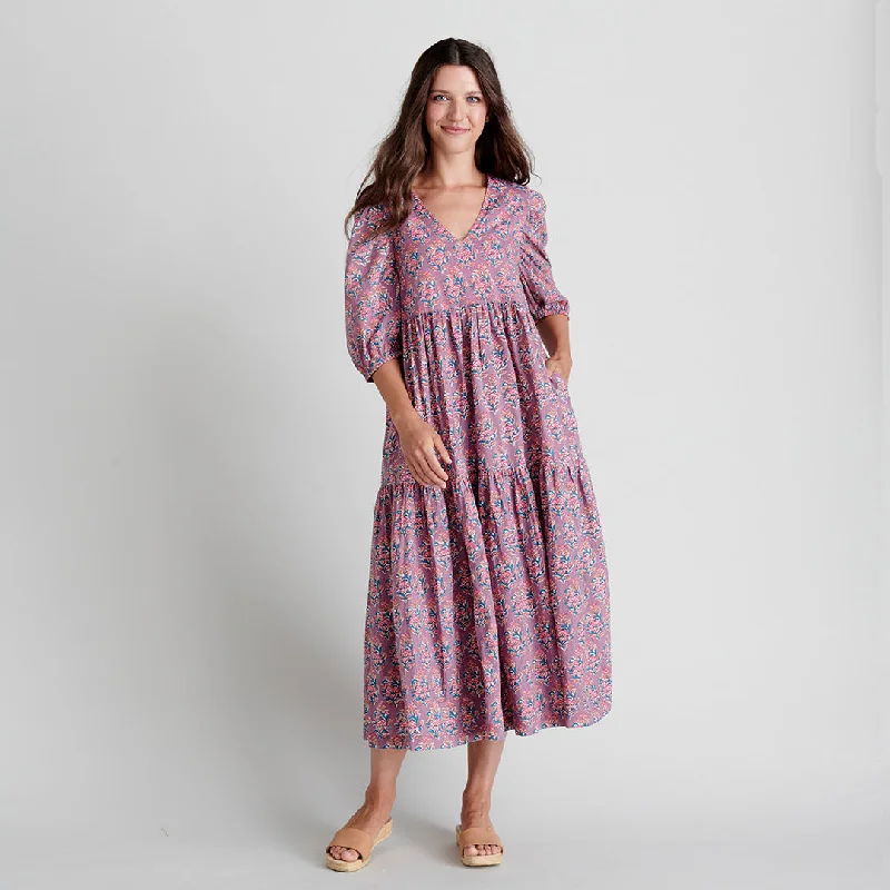 Womens Maribelle Dress - Lavender Posey Block Print Square Neckline Feminine