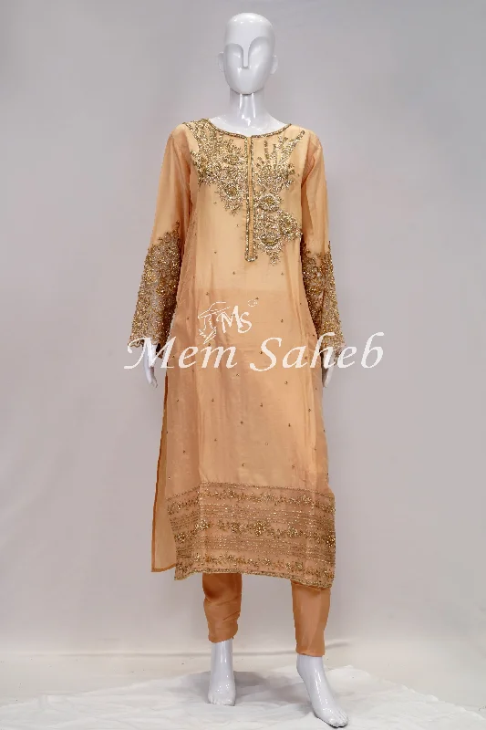Dress Peach Silk with Designer Sleeves and Chiffon Dupatta Tunics Office stylish