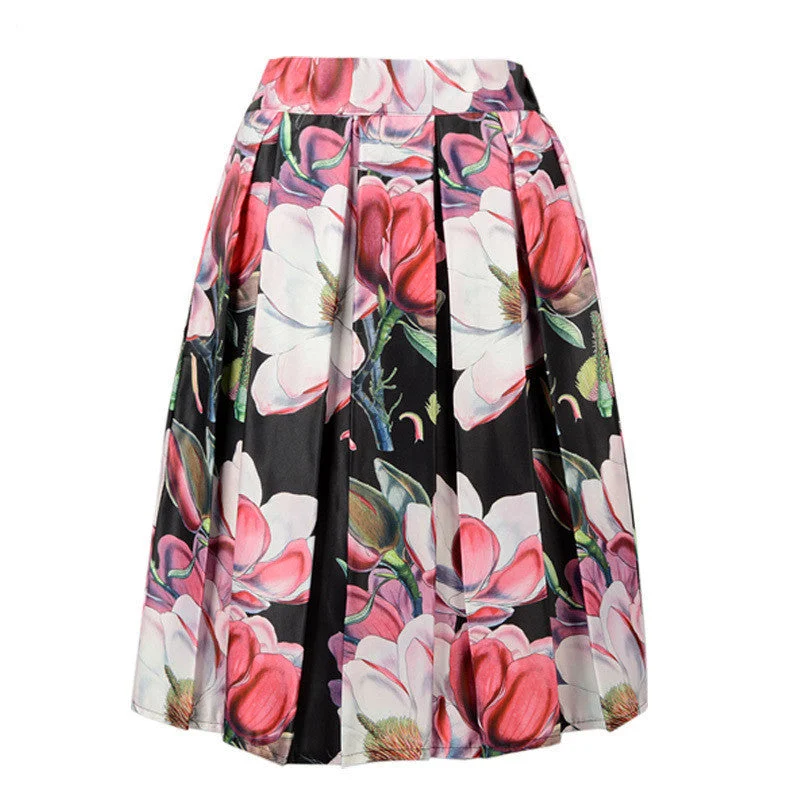 Floral Print Vintage Pleated Skater Midi Skirt Fashion High Waist Ball Gown Women Skirt Elegant Saia pleated skirt texture