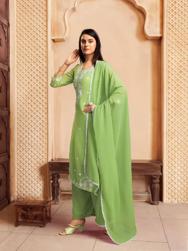 Green Designer Readymade Pant Suit With Lacknowi Chikankari Embroidery Work Classic Chino Pants