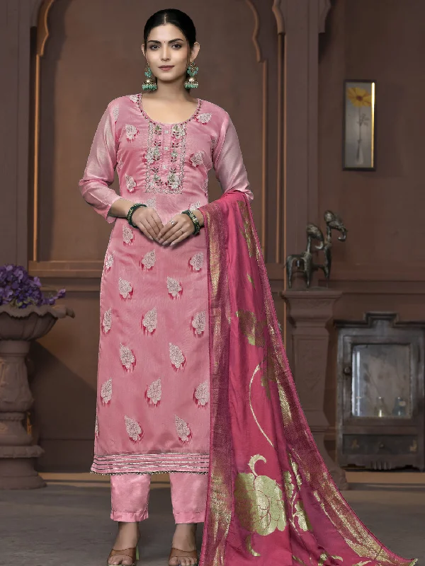 Pink Designer Readymade Pant Suit With Wevon Design Hand Work Comfy Athletic Pants