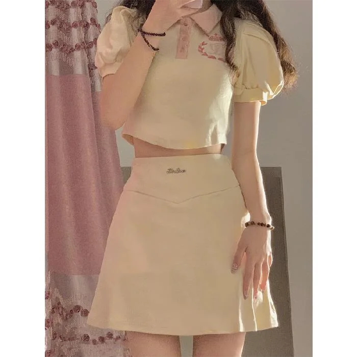 Women'S Preppy Style Puff Sleeve Polo Collar Short-Sleeved Cropped Top Fashion Skirt Sets leather skirt sleek