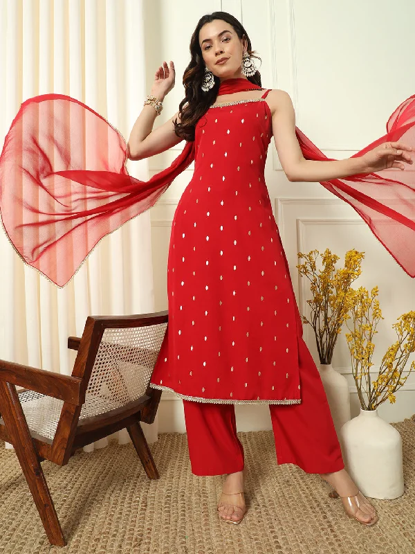 Red Designer Readymade Pant Suit Embroidery Work Comfortable Denim Pants