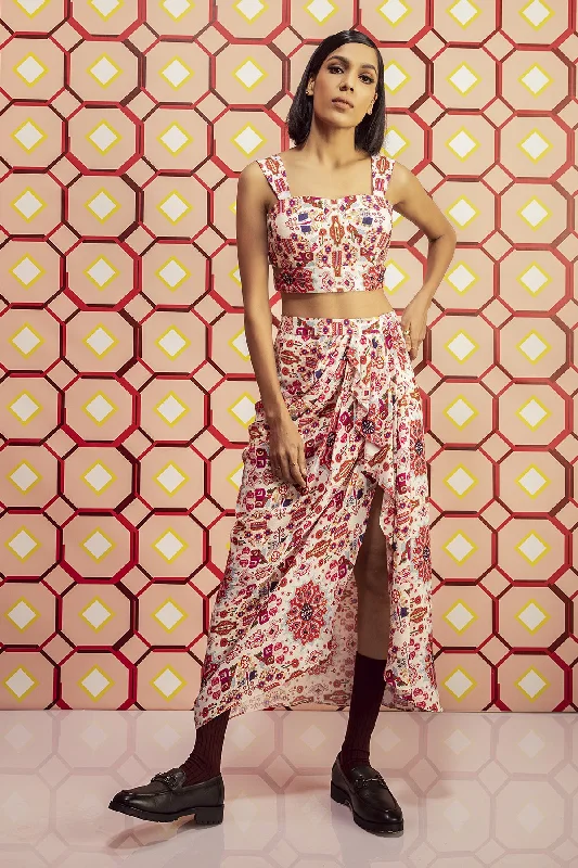 Kashan White Print Drape Skirt In Handloom Organic Banana Silk belted skirt waist