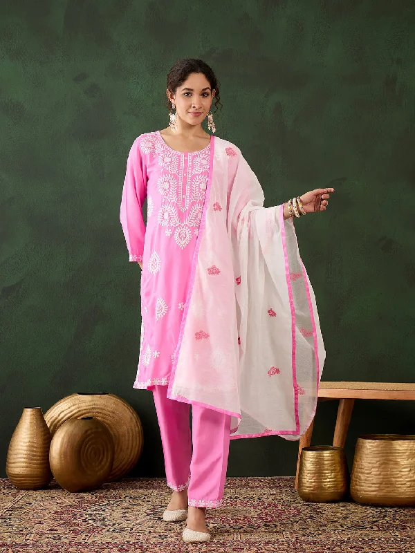 Pink Designer Readymade Pant Suit With Chikankari Embroidery Work Classic Straight Pants Pink Designer Readymade Pant Suit With Chikankari Embroidery Work Classic Straight Pants