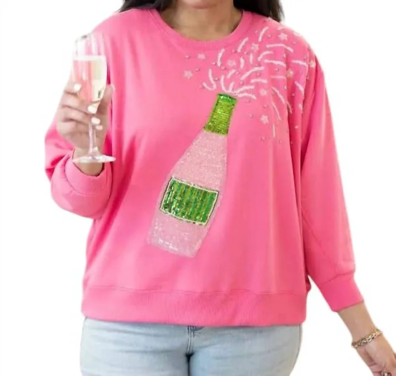 Pop The Bubbly Sweatshirt In Sarah Champagne Pink Hoodie with Tied Waist Feminine Flattering