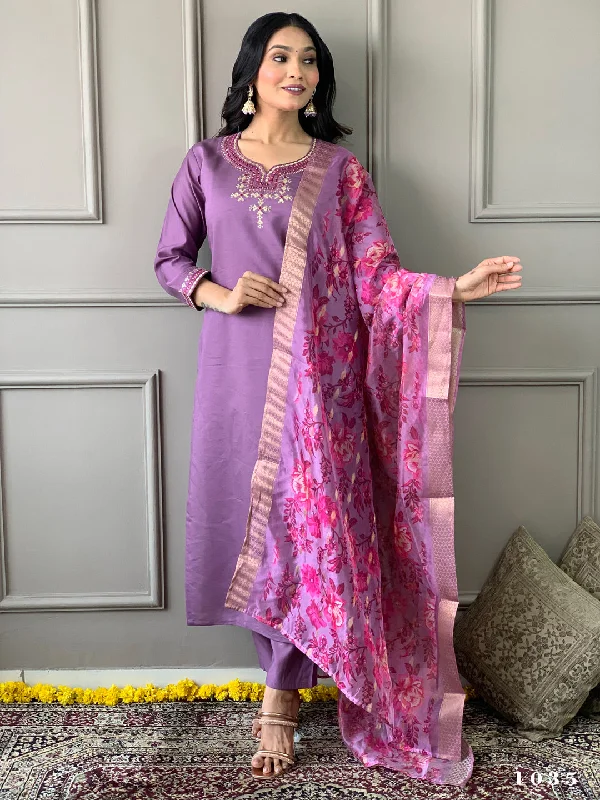 Purple Attractive Looking DEsigner Readymade Pant Suit With Designer Embroidery Work Elegant High-Waist Pants