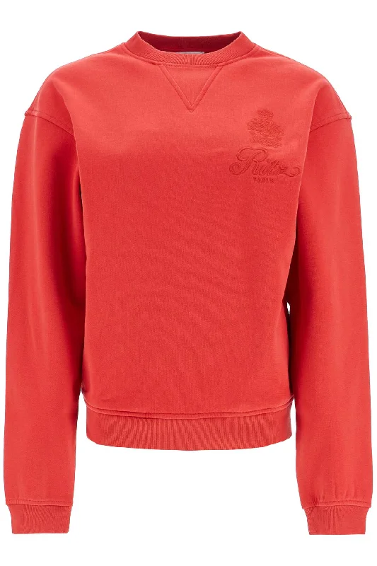 Red Cotton Sweater With Logo Embroidery  - Red Boat Neck Shawl Collar Notched Collar