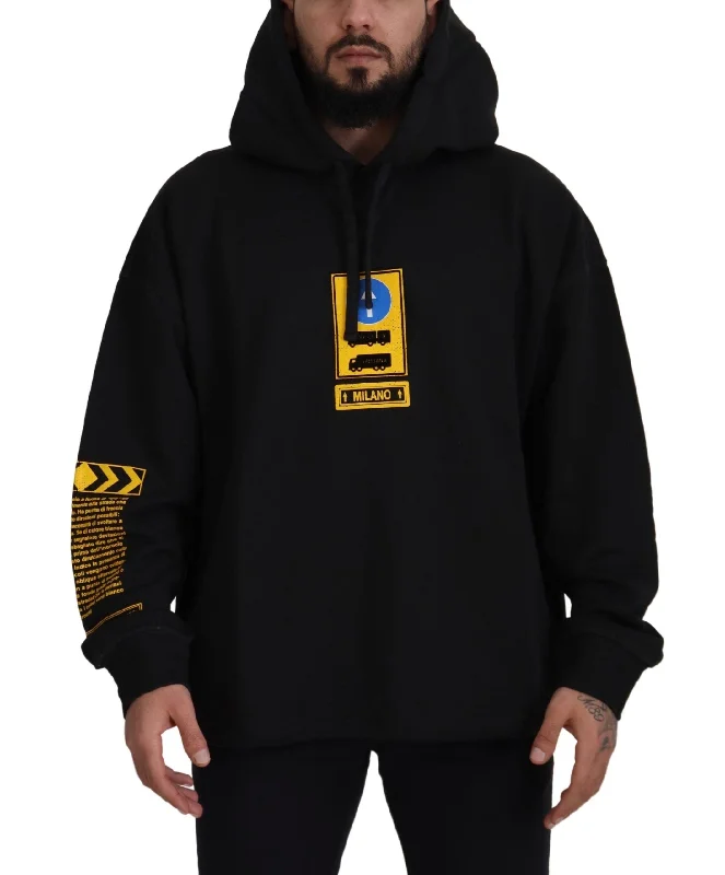 Elegant Black Cotton Hooded Sweater Anti-Pilling Anti-Shrink Durable