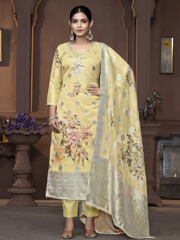 Yellow Party Wear Readymade Pant Suit With Wevon Designer Printed Hand Work Elegant Dress Pants