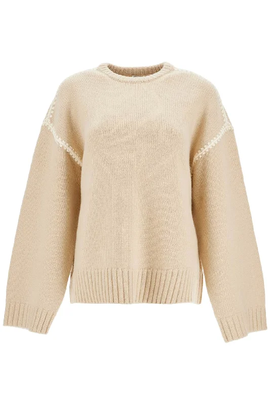 Light Beige Wool And Cashmere Sweater With Embroidery - Beige Wool Fabric Cashmere Fabric Tweed Fabric Light Beige Wool And Cashmere Sweater With Embroidery - Beige Wool Fabric Cashmere Fabric Tweed Fabric