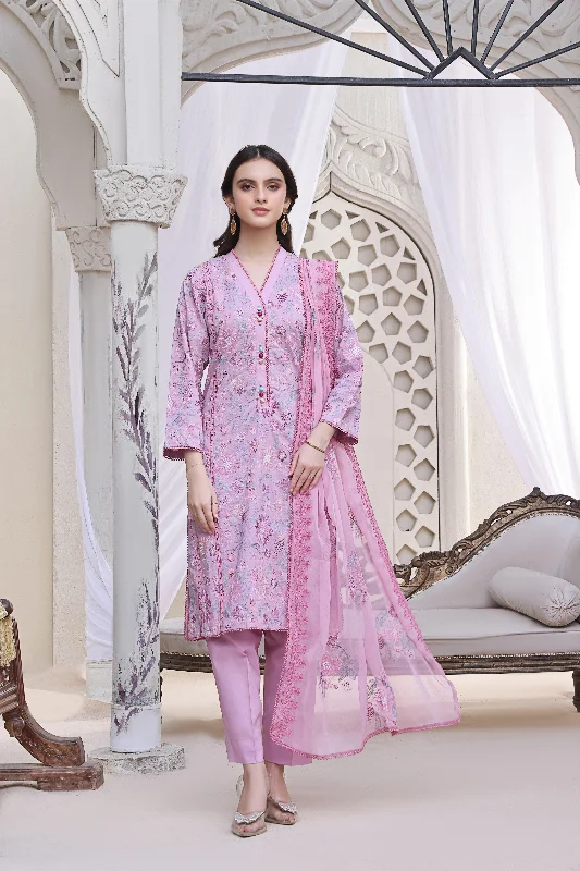 3PC EMBROIDERED LAWN DRESS WITH EMBROIDERED CHIFFON DUPATTA-HASEENA-FT343 Tunics Chic fashionable