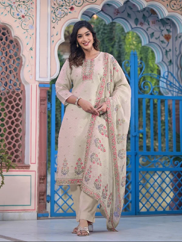 Cream Attractive Readymade Pant Suit With Designer Printed Cozy Knit Pants