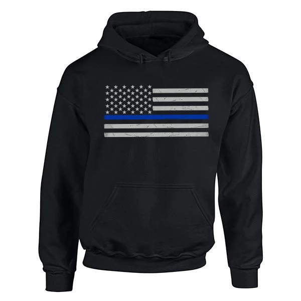 Hoodie Unisex - Thin Blue Line American Flag Classic Hoodie with Frayed Bohemian Relaxed