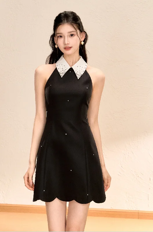 Halter Neck Waist Slimming A-line Black Dress OSH0056 Tunics Leisure comfortable