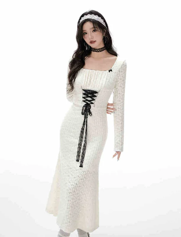 Lace Jacquard Strappy Square Neck Long Sleeve Knit Dress IMO0071 empire Waist empire Lace Jacquard Strappy Square Neck Long Sleeve Knit Dress IMO0071 empire Waist empire