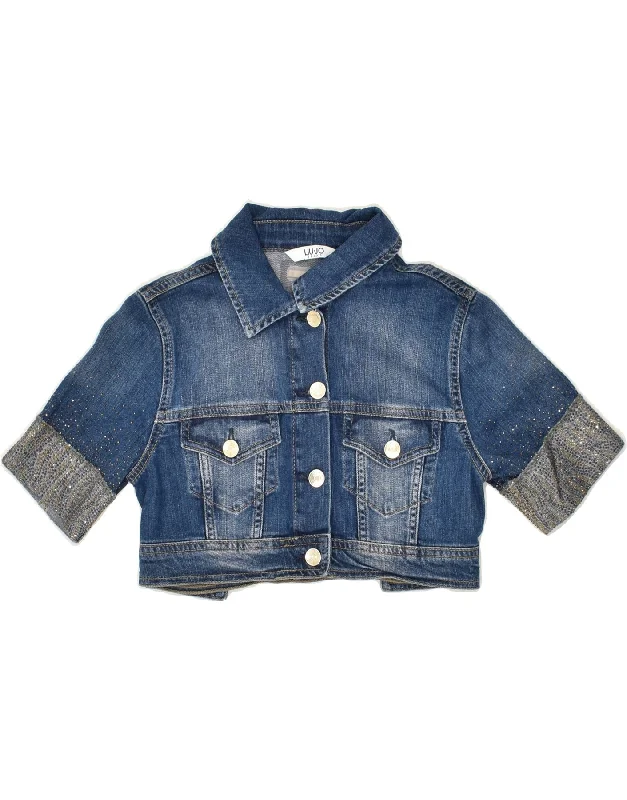 LIU JO Womens Crop Short Sleeve Denim Jacket IT 40 Small Navy Blue Cotton Striped Jacket Polka Dot Jacket Floral Jacket LIU JO Womens Crop Short Sleeve Denim Jacket IT 40 Small Navy Blue Cotton Striped Jacket Polka Dot Jacket Floral Jacket