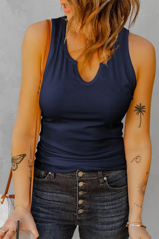 V-Neck Ribbed Tank Top - Navy stretchy tank top